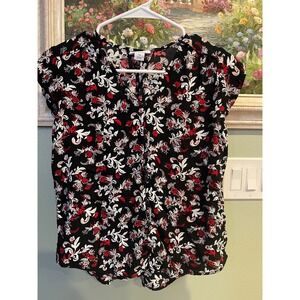 Liz Claiborne Black Floral Women's Size PM  V Neck Short Sleeve Blouse Used